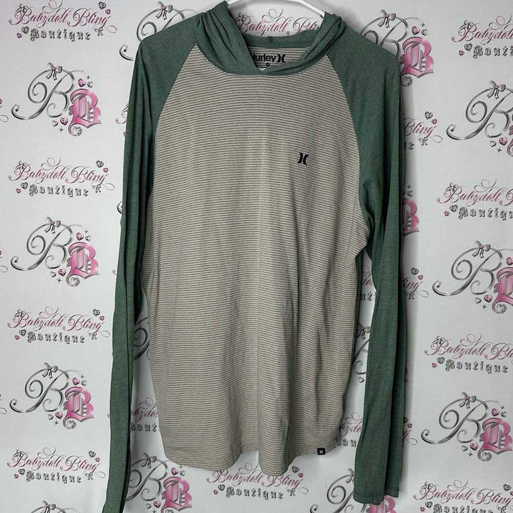 Hurley Men's Green cream long sleeve Shirt sweater hoodie style striped green
